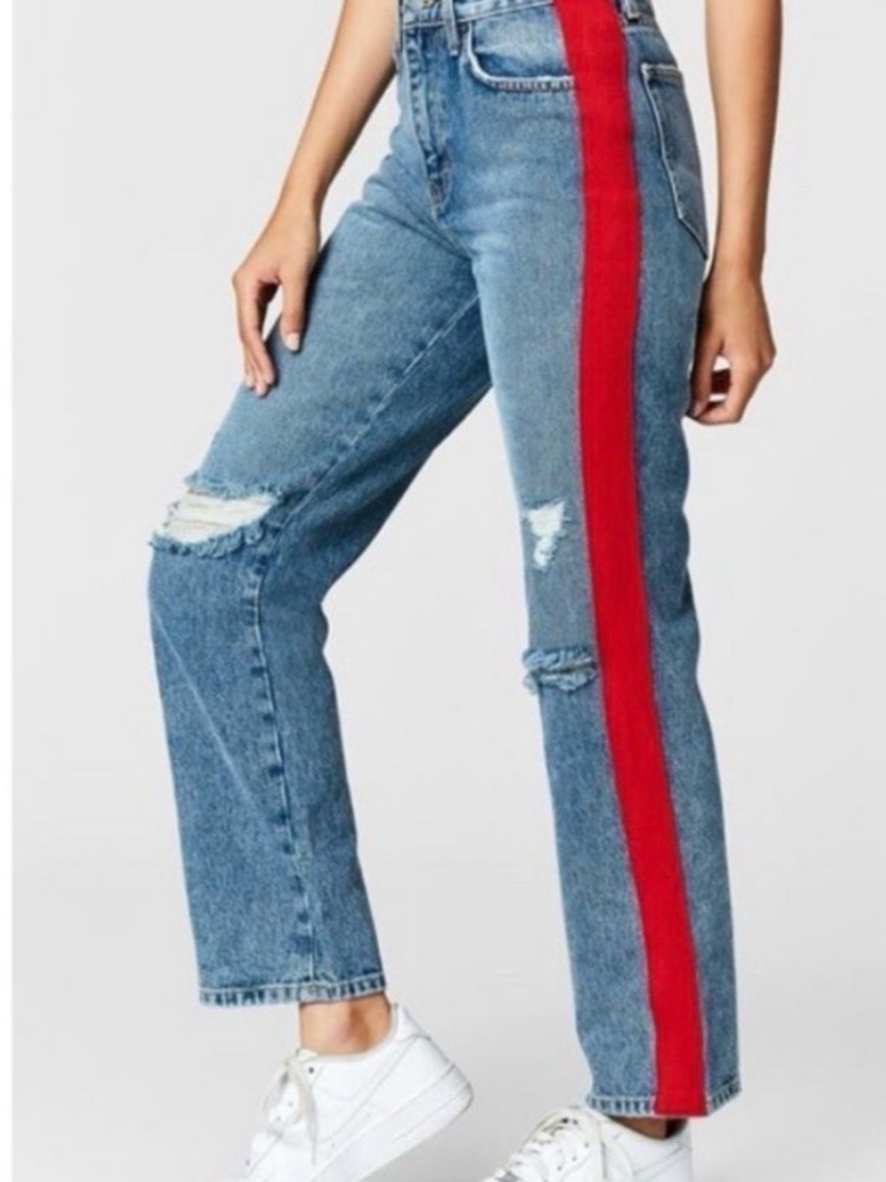 Carmar High-Rise Distressed Blue Jeans with Red Side Stripe